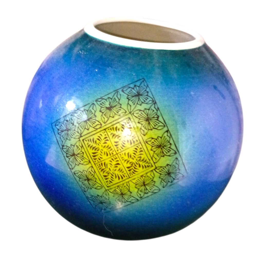 Vintage‎ Japanese Art Pottery Vase Blue Green Floral Medallion Signed Japan